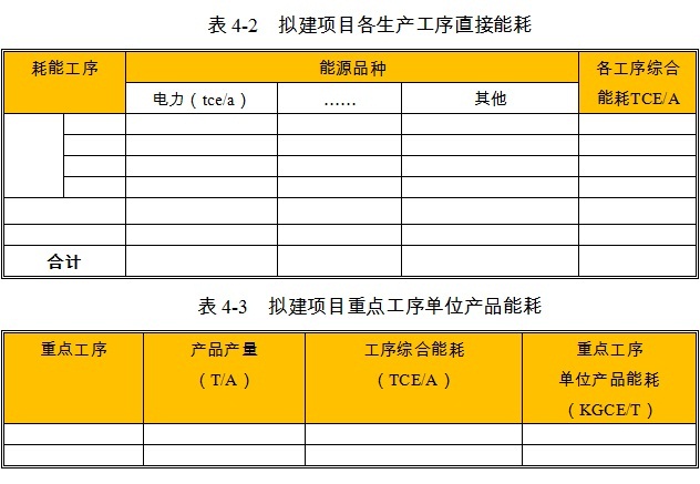 产业园项目各生产工序能耗数值